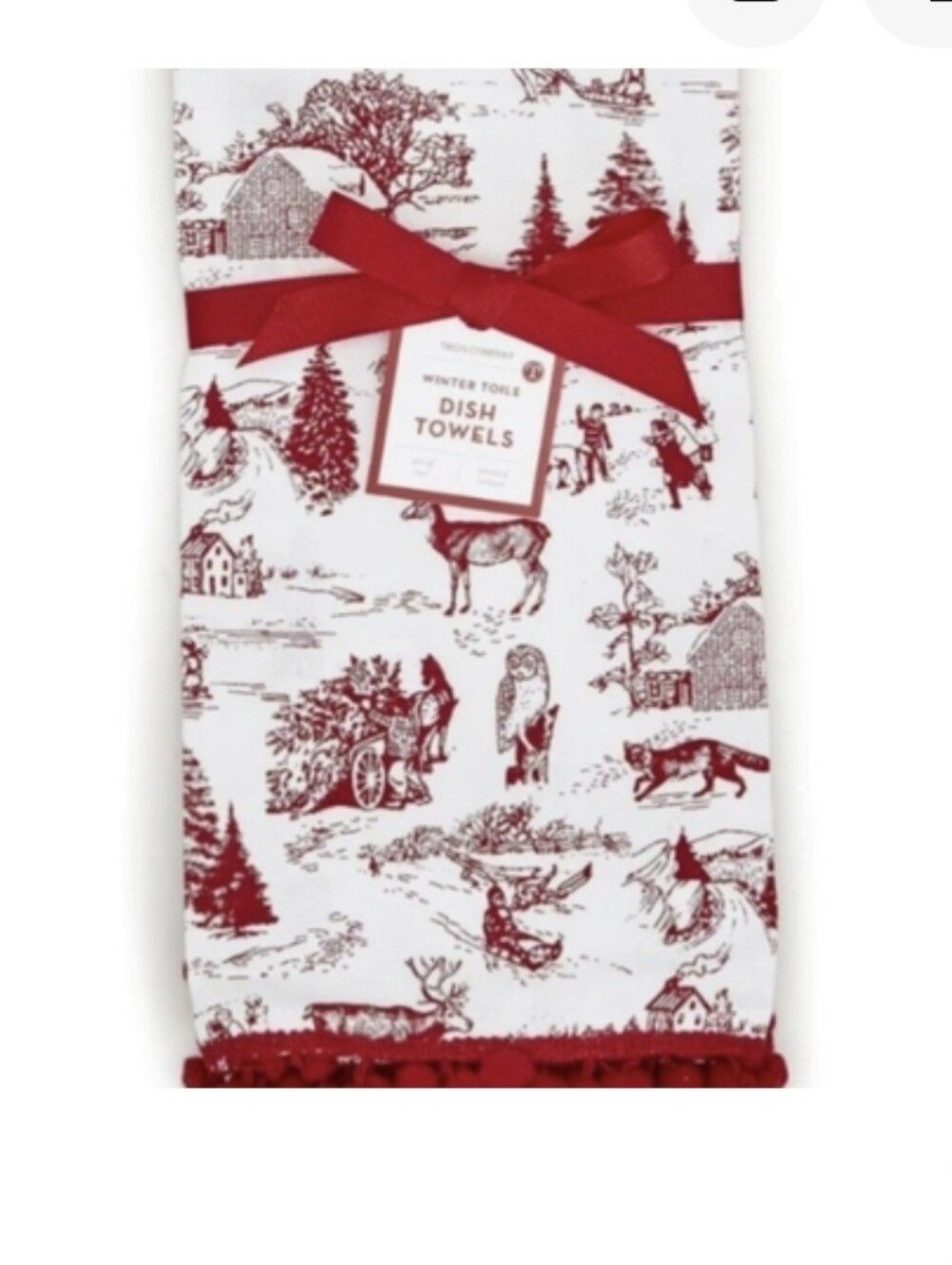 Winter Forest Holiday Red Toile Dish Towels - Napkins 18 X 18"